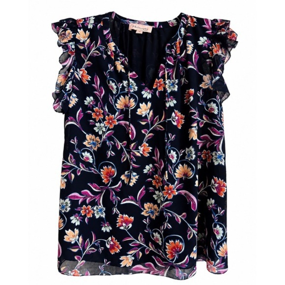 Philosophy Navy Floral Ruffle Cap Sleeve Blouse Size L Flowy Office Top